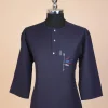 A navy blue, front flap with crystal blue Swarovski button, arrow and floral embroidery 3/4 sleeve African senator kaftan native.