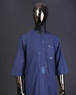A Navy blue front flap with a clear view Swarovski button, connected sailor and basket embroidery detailing kaftan and Sokoto