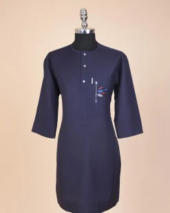 A navy blue, front flap with crystal blue Swarovski button, arrow and floral embroidery 3/4 sleeve African senator kaftan native.