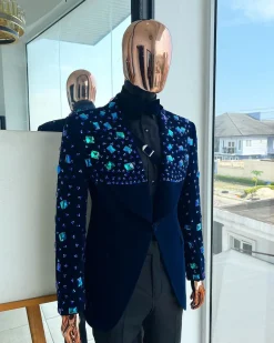 A Navy blue Glass and stone Swarovski mix shawl lapel single button tuxedo blazer suit