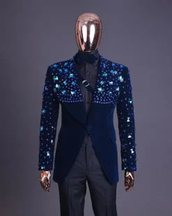 A Navy blue Glass and stone Swarovski mix shawl lapel single button tuxedo blazer suit