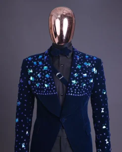 A Navy blue Glass and stone Swarovski mix shawl lapel single button tuxedo blazer suit