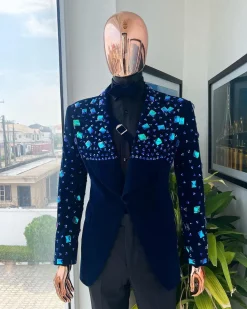 A Navy blue Glass and stone Swarovski mix shawl lapel single button tuxedo blazer suit
