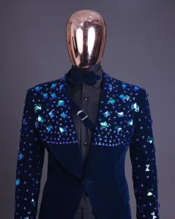 A Navy blue Glass and stone Swarovski mix shawl lapel single button tuxedo blazer suit
