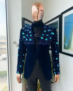 A Navy blue Glass and stone Swarovski mix shawl lapel single button tuxedo blazer suit