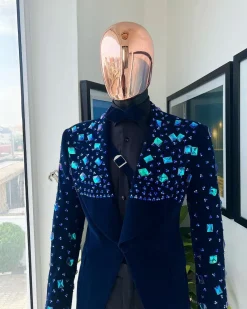 A Navy blue Glass and stone Swarovski mix shawl lapel single button tuxedo blazer suit