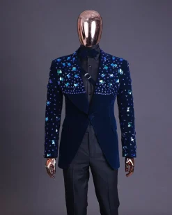 A Navy blue Glass and stone Swarovski mix shawl lapel single button tuxedo blazer suit