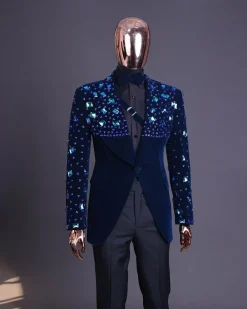 A Navy blue Glass and stone Swarovski mix shawl lapel single button tuxedo blazer suit