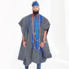 A Navy Blue Hand Embroidery Royal Agbada Aso-Oke, Dashiki, Coral Bead and Hat