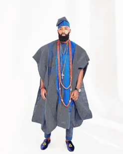 A Navy Blue Hand Embroidery Royal Agbada Aso-Oke, Dashiki, Coral Bead and Hat