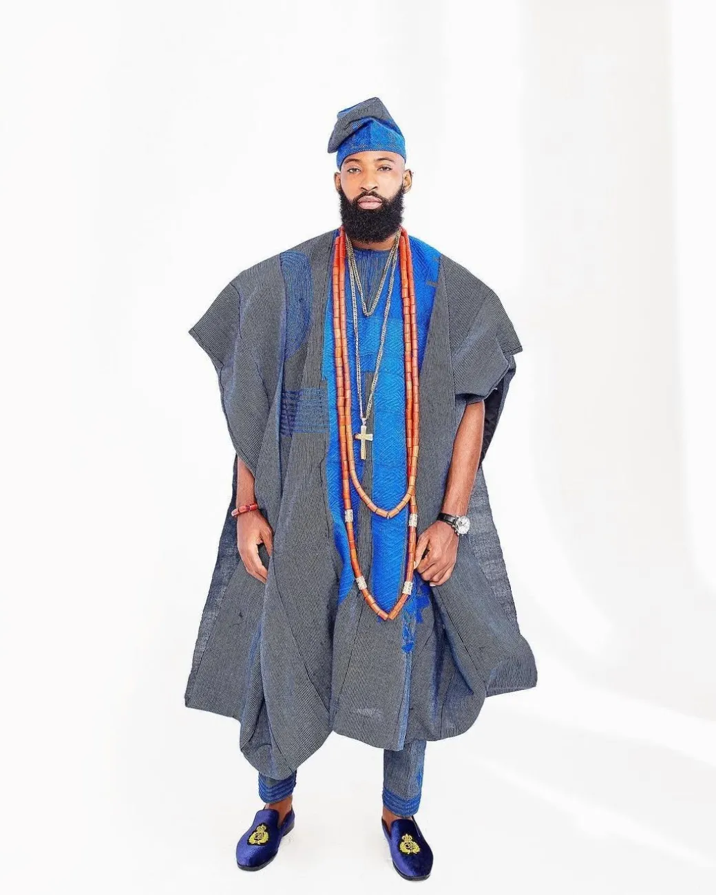 A Navy Blue Hand Embroidery Royal Agbada Aso-Oke, Dashiki, Coral Bead and Hat