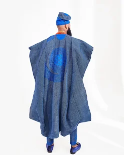 A Navy Blue Hand Embroidery Royal Agbada Aso-Oke, Dashiki, Coral Bead and Hat