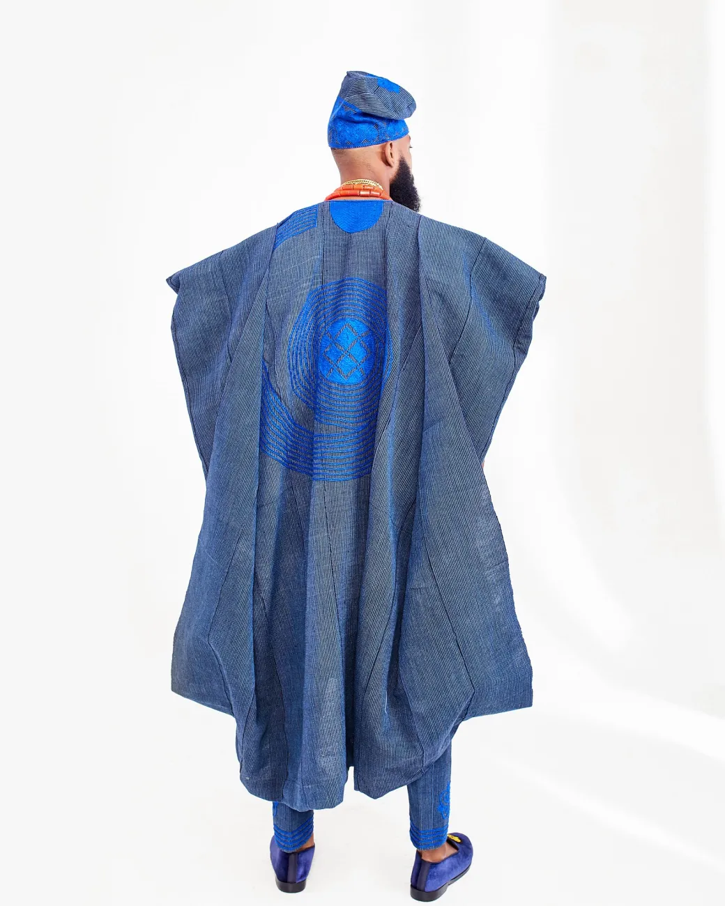 A Navy Blue Hand Embroidery Royal Agbada Aso-Oke, Dashiki, Coral Bead and Hat
