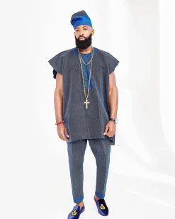 A Navy Blue Hand Embroidery Royal Agbada Aso-Oke, Dashiki, Coral Bead and Hat