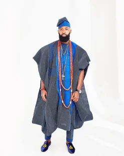 A Navy Blue Hand Embroidery Royal Agbada Aso-Oke, Dashiki, Coral Bead and Hat