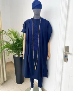 A Navy Blue, hand woven Yoruba traditional hat, senator kaftan and sokoto