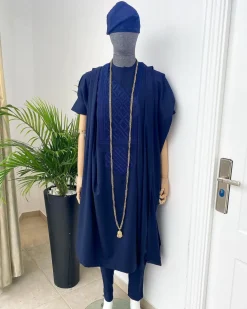 A Navy Blue, hand woven Yoruba traditional hat, senator kaftan and sokoto