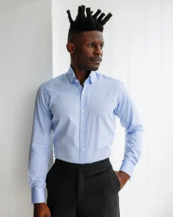 A Navy blue, herringbone high and slant collar business shirt.