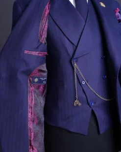 A Navy Blue, Herringbone Nobility Super “140s” “Board Room” Peak Lapel Suit