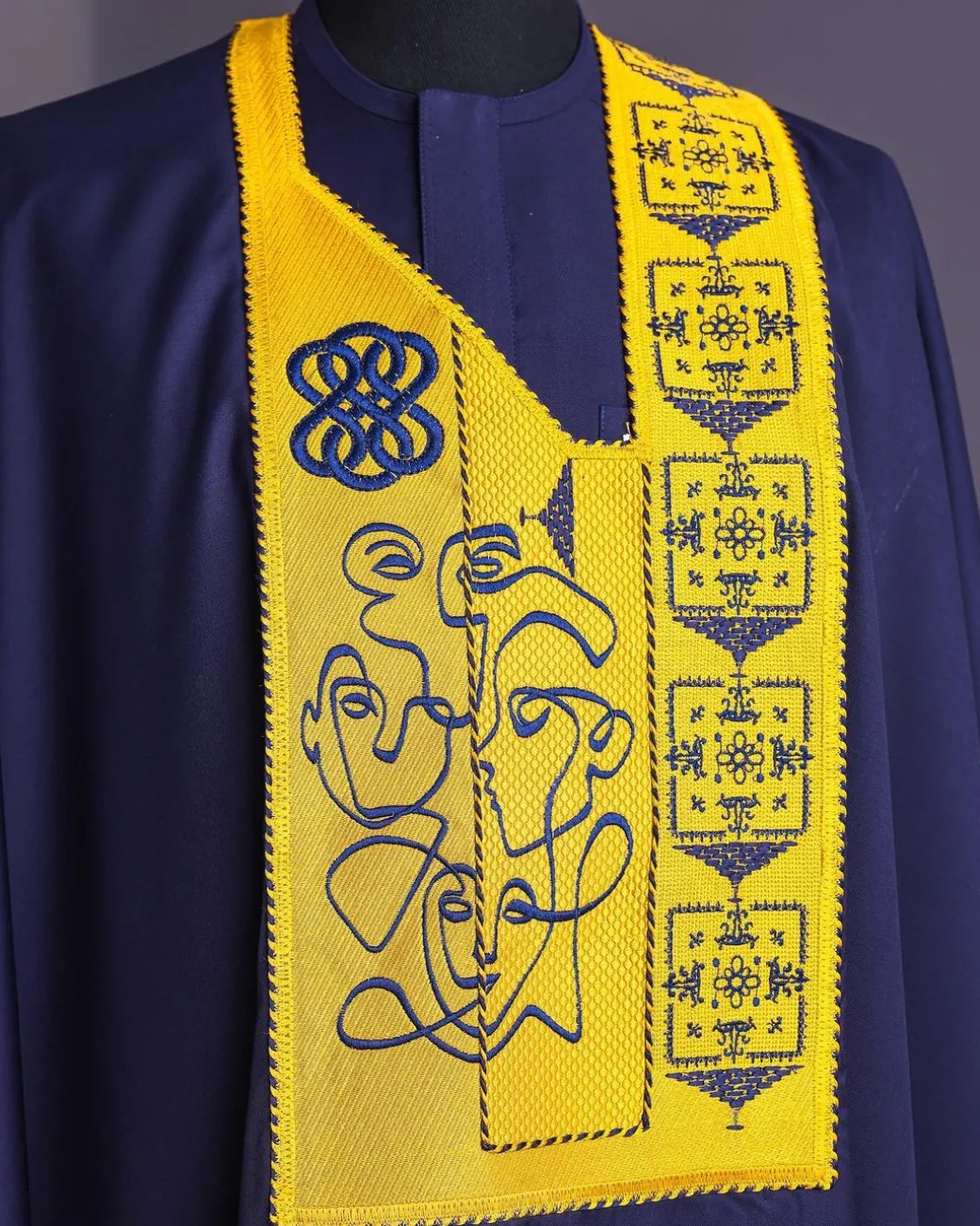 A Navy Blue, Hidden Faces Embroidery Details Agbada