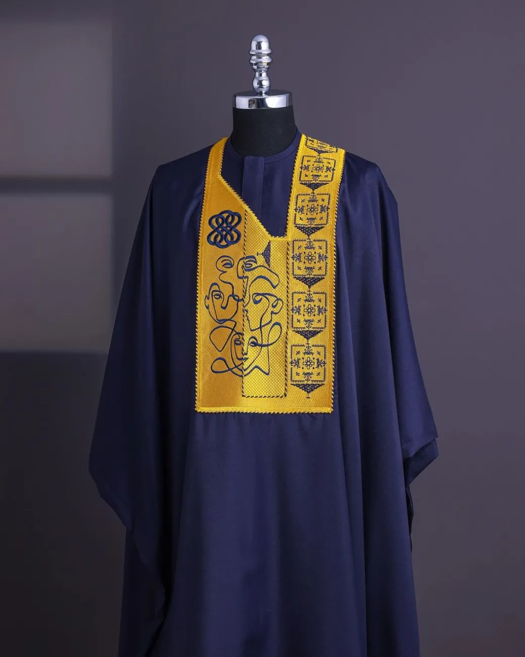 A Navy Blue, Hidden Faces Embroidery Details Agbada