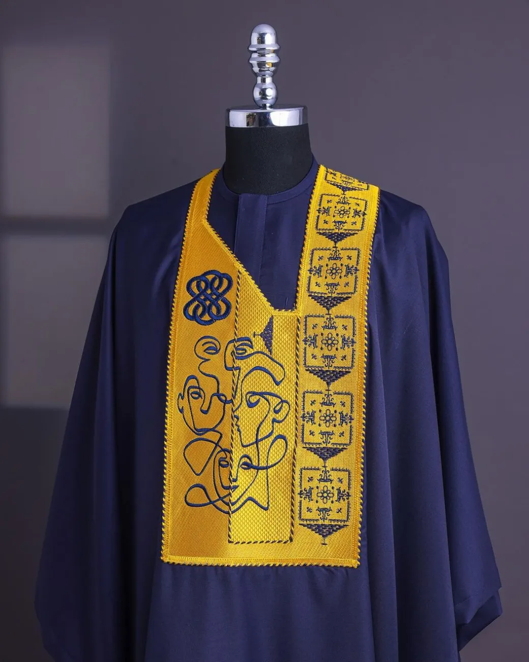 A Navy Blue, Hidden Faces Embroidery Details Agbada