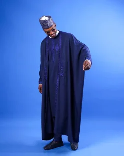 A Navy blue, “IBB”, arewa front cut, traditional detailing embroidery details tagbada