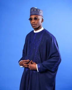 A Navy blue, “IBB”, arewa front cut, traditional detailing embroidery details tagbada
