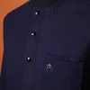 A Navy Blue, invisible pencil stripe, Jorgecarli wool, front flap, layered suit & pen pocket, 3/4 sleeve and clear view silver Swarovski button African senator kaftan native.
