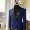 A Navy Blue Jacquard and Black shawl Lapel Tuxedo suit