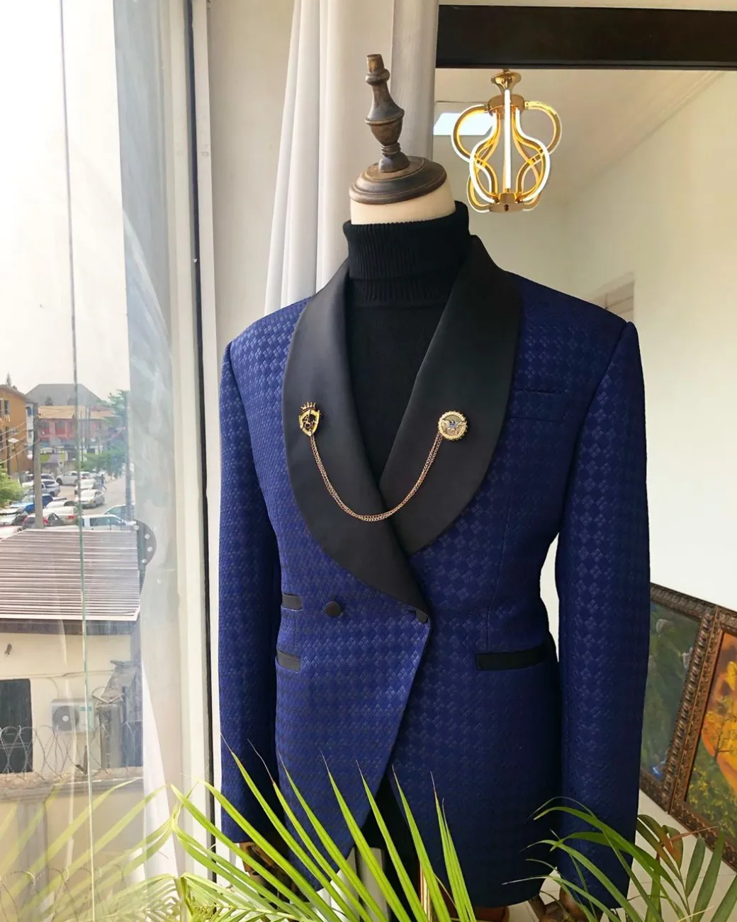 A Navy Blue Jacquard and Black shawl Lapel Tuxedo suit