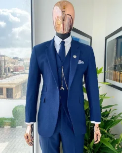 A navy blue Jorgecarli Super 140’s “Board Room” notch lapel suit