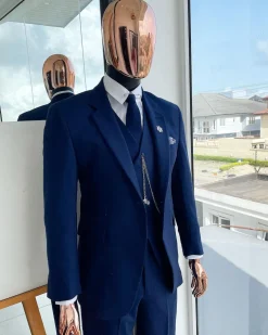 A navy blue Jorgecarli Super 140’s “Board Room” notch lapel suit