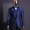 A Navy blue, knitted, root floral jacquard notch lapel suit