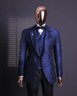 A Navy blue, knitted, root floral jacquard notch lapel suit