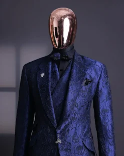 A Navy blue, knitted, root floral jacquard notch lapel suit.