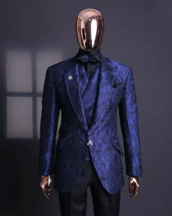 A Navy blue, knitted, root floral jacquard notch lapel suit.