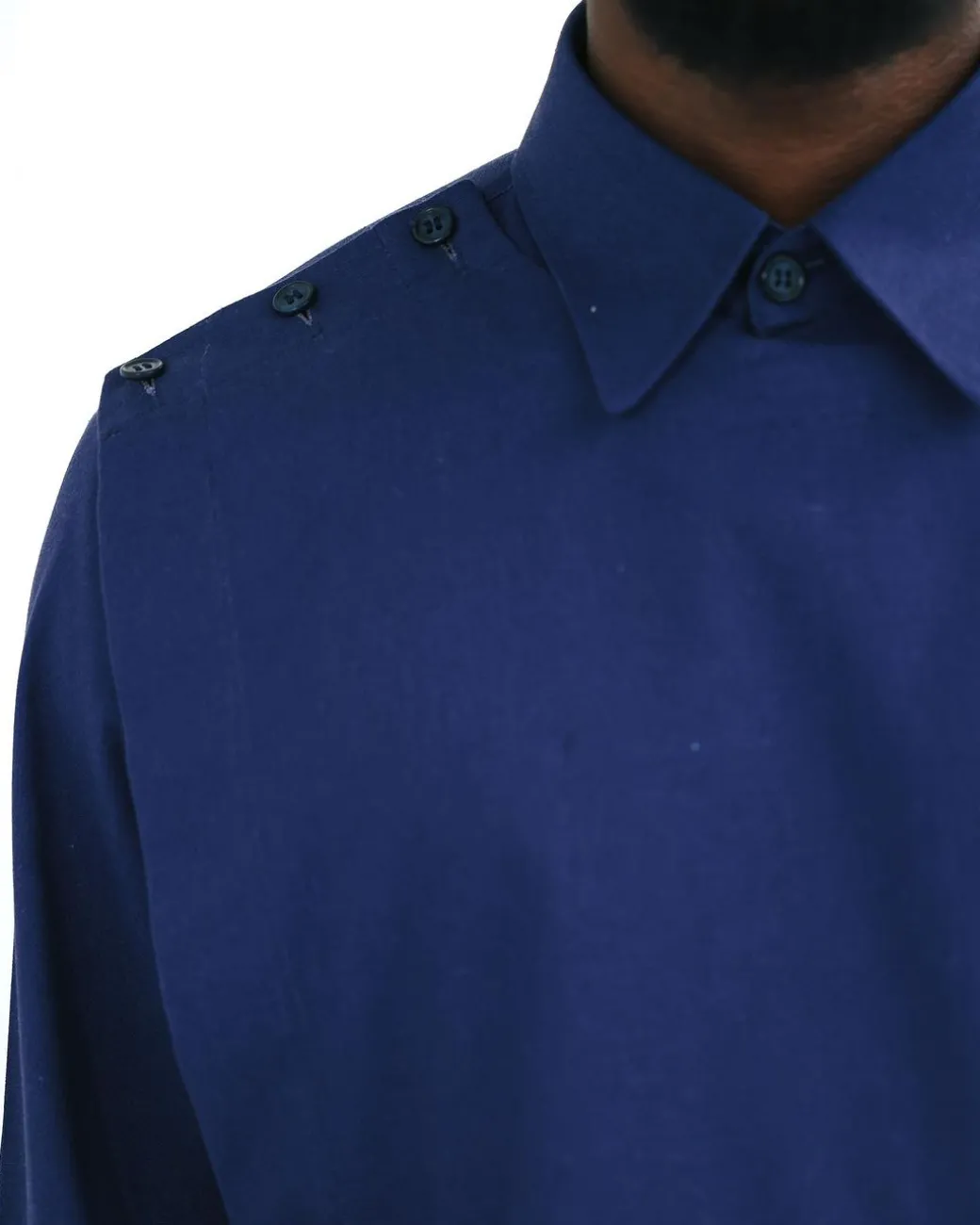 A Navy blue, layered front-covered shirt.