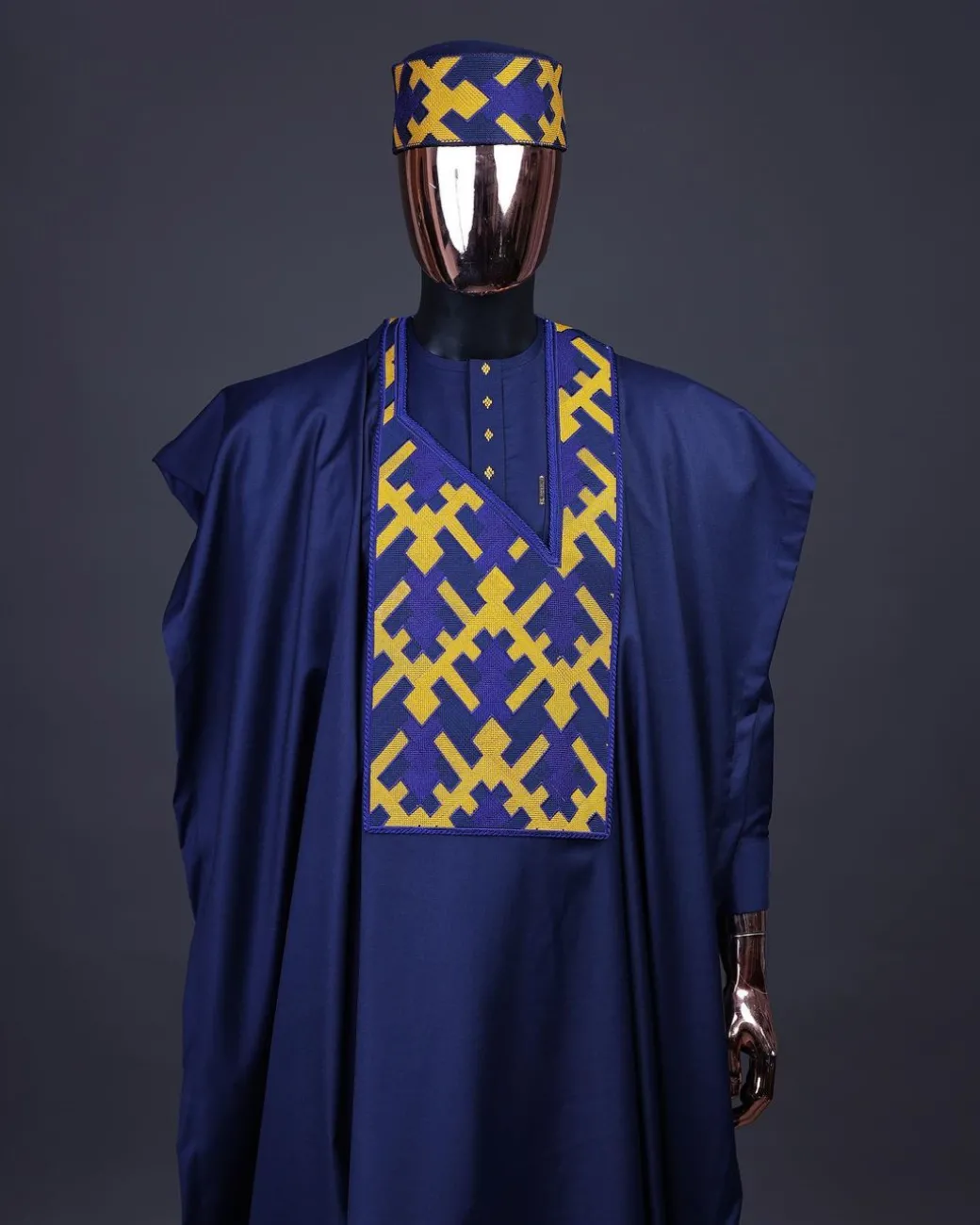A Navy Blue, Layered Tettri Pattern Embroidery Detailing Agbada