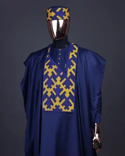 A Navy Blue, Layered Tettri Pattern Embroidery Detailing Agbada