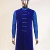 A Navy blue long sleeve kaftan, Admiral blue velvet jacket & mandarin buttons, hat and sokoto African traditional senator kaftan native.