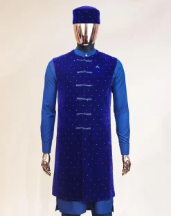 A Navy blue long sleeve kaftan, Admiral blue velvet jacket & mandarin buttons, hat and sokoto African traditional senator kaftan native.