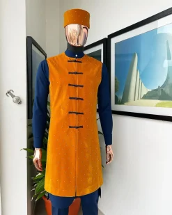 A Navy blue long sleeve kaftan, Mustard velvet jacket Swarovski stone