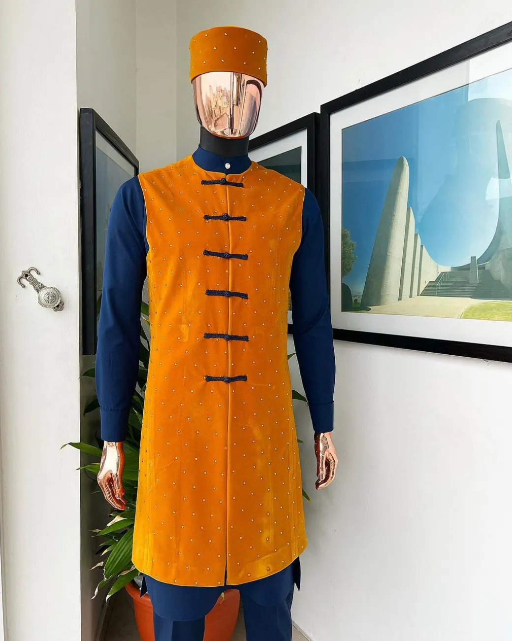 A Navy blue long sleeve kaftan, Mustard velvet jacket Swarovski stone