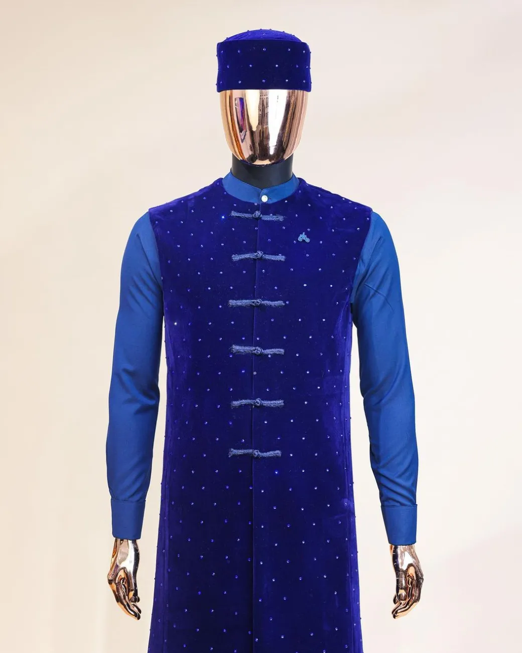 A Navy blue long sleeve kaftan, Admiral blue velvet jacket & mandarin buttons, hat and sokoto African traditional senator kaftan native.