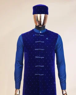 A Navy blue long sleeve kaftan, Admiral blue velvet jacket & mandarin buttons, hat and sokoto African traditional senator kaftan native.
