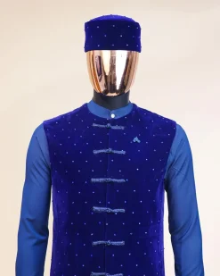 A Navy blue long sleeve kaftan, Admiral blue velvet jacket & mandarin buttons, hat and sokoto African traditional senator kaftan native.