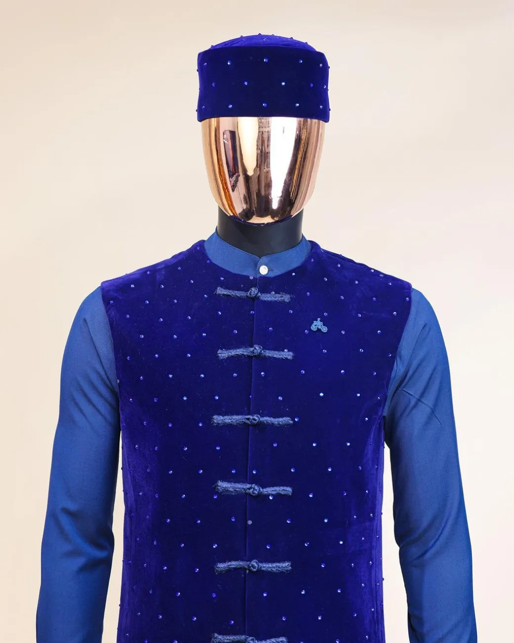 A Navy blue long sleeve kaftan, Admiral blue velvet jacket & mandarin buttons, hat and sokoto African traditional senator kaftan native.