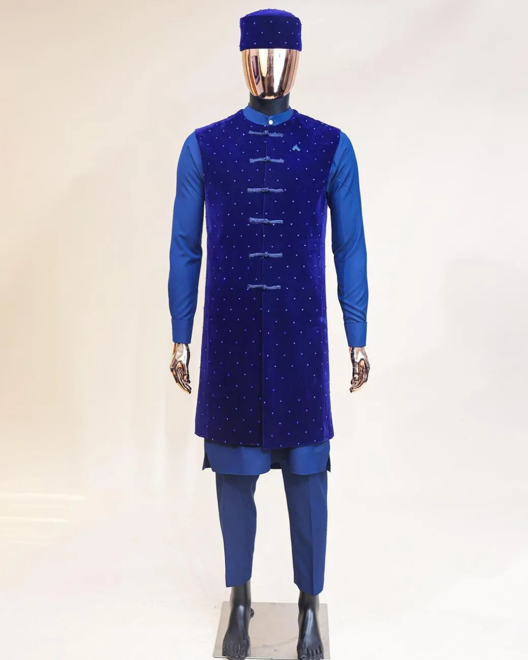 A Navy blue long sleeve kaftan, Admiral blue velvet jacket & mandarin buttons, hat and sokoto African traditional senator kaftan native.