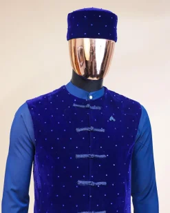 A Navy blue long sleeve kaftan, Admiral blue velvet jacket & mandarin buttons, hat and sokoto African traditional senator kaftan native.